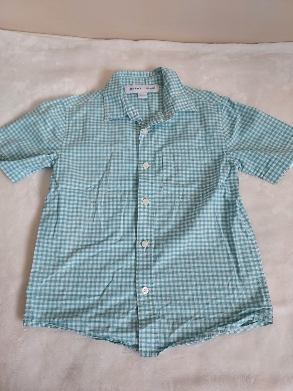 Old Navy Boys Size 8 Light Aqua Gingham Button-Down Shirt School Church Casual
